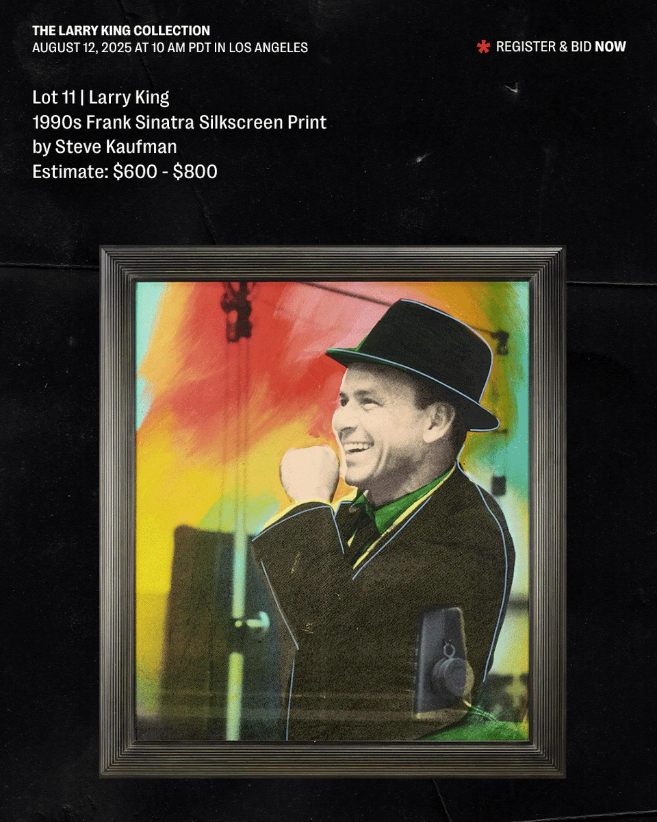 JuliensAuctions's tweet image. Step inside the private world of a broadcasting legend with this exclusive offering of artwork personally owned by Larry King. From striking contemporary pieces to timeless classics, each work reflects the curiosity, wit, and cultural breadth of a man who spent decades in…