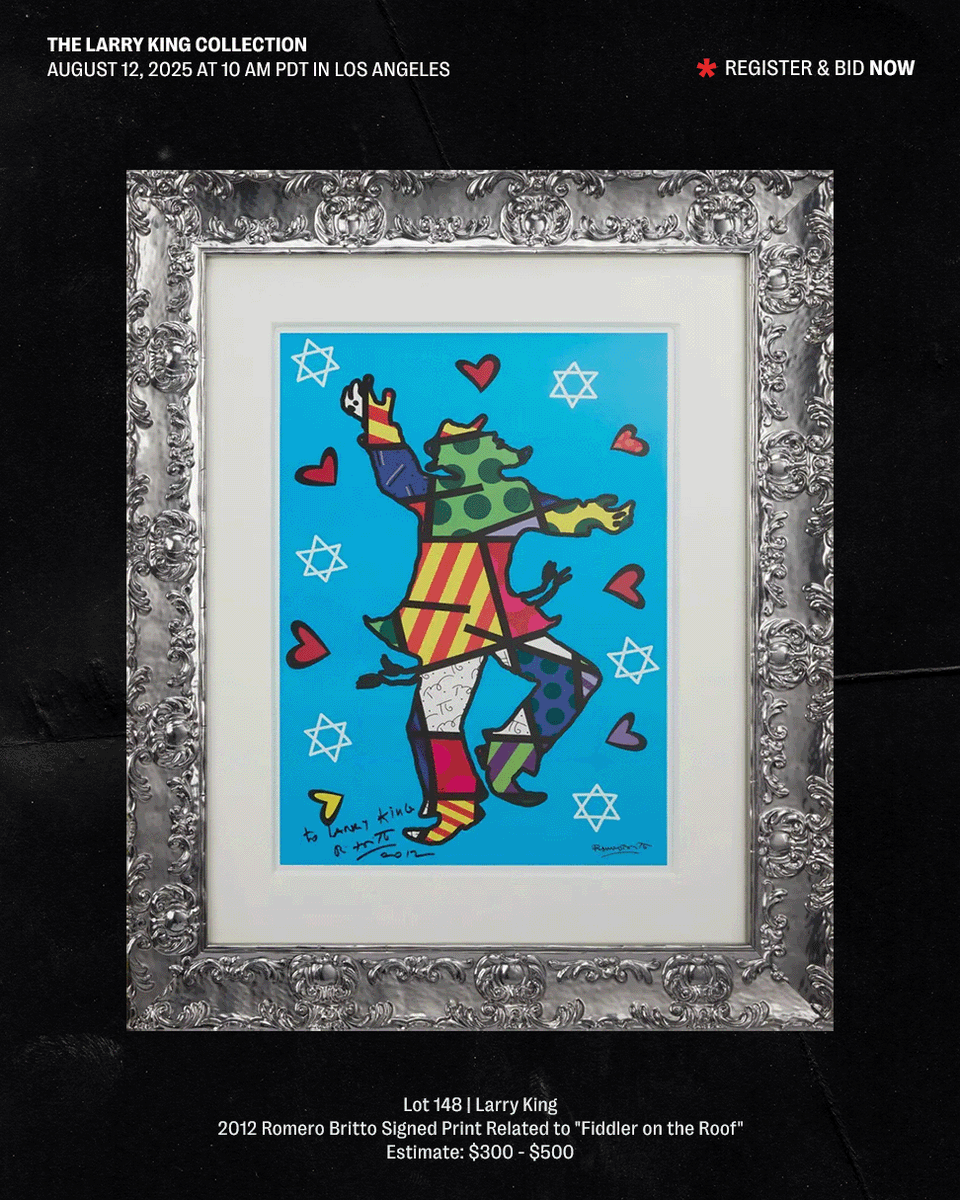 JuliensAuctions's tweet image. Step inside the private world of a broadcasting legend with this exclusive offering of artwork personally owned by Larry King. From striking contemporary pieces to timeless classics, each work reflects the curiosity, wit, and cultural breadth of a man who spent decades in…