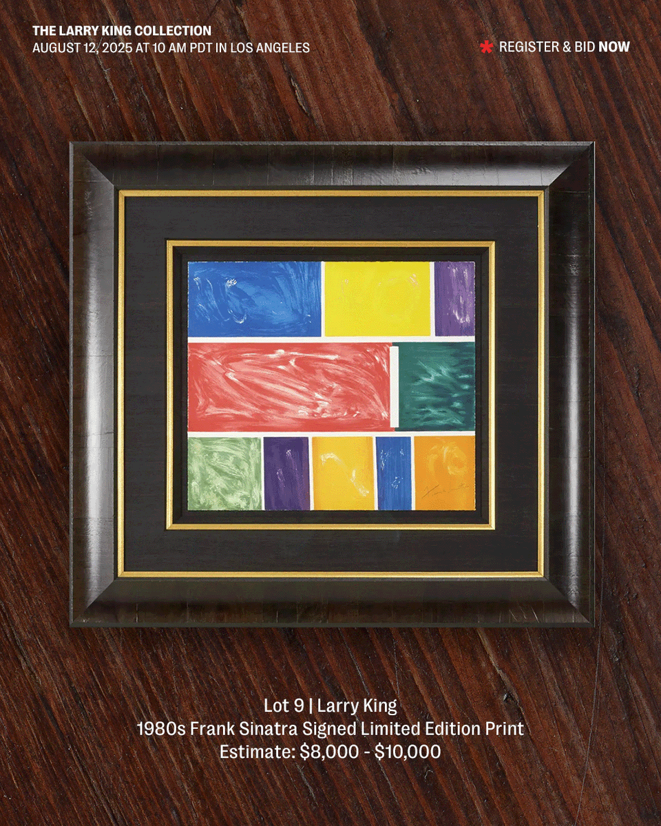 JuliensAuctions's tweet image. Step inside the private world of a broadcasting legend with this exclusive offering of artwork personally owned by Larry King. From striking contemporary pieces to timeless classics, each work reflects the curiosity, wit, and cultural breadth of a man who spent decades in…