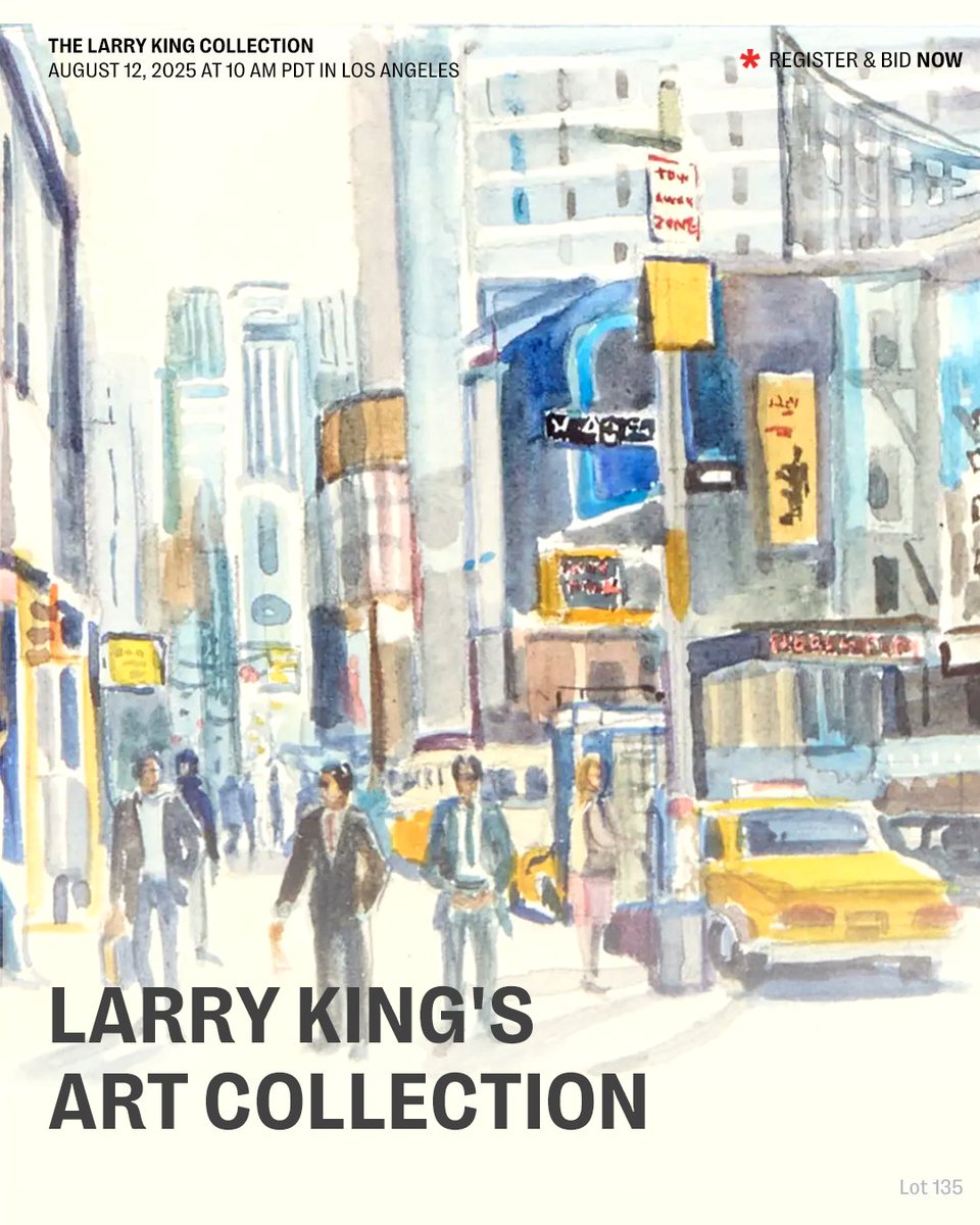 JuliensAuctions's tweet image. Step inside the private world of a broadcasting legend with this exclusive offering of artwork personally owned by Larry King. From striking contemporary pieces to timeless classics, each work reflects the curiosity, wit, and cultural breadth of a man who spent decades in…