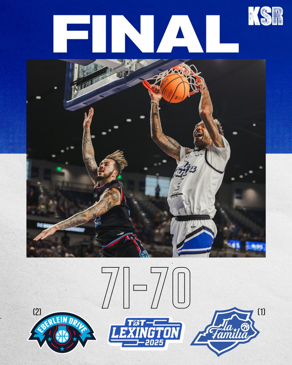 KSRonX's tweet image. La Familia made a big comeback, but it wasn't enough. Eberlein Drive wins the Lexington Regional to advance to the TBT Quarterfinals.
RECAP: on3.com/teams/kentucky…