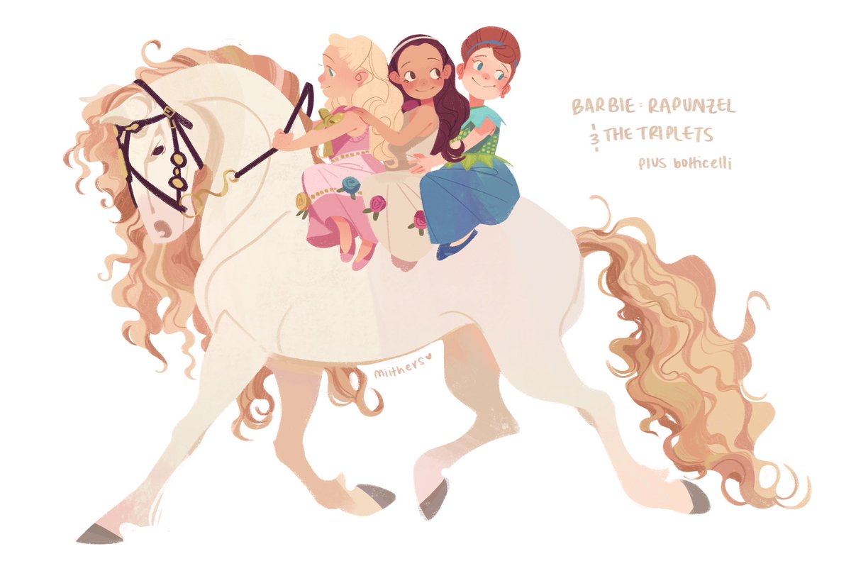 miithers's tweet image. i love all versions of the barbie triplets but them and their horse botticelli, specifically #barbie #barbierapunzel