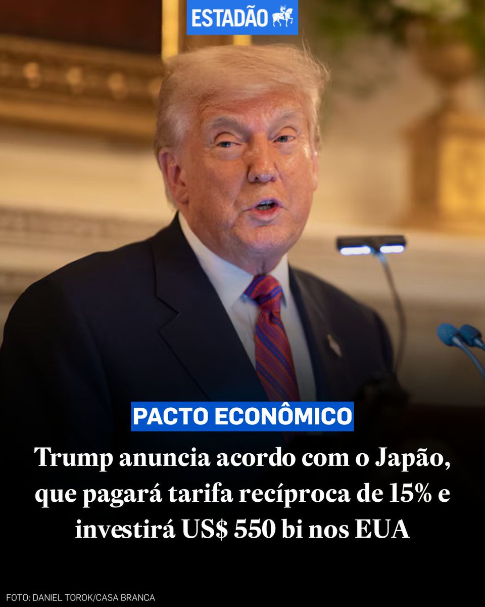 Estadao's tweet image. PACTO ECONÔMICO
Trump anuncia acordo com o Japão, que pagará tarifa recíproca de 15% e investirá US$ 550 bi nos EUA
🔗 Leia mais no site do Estadão > bit.ly/4f6P275