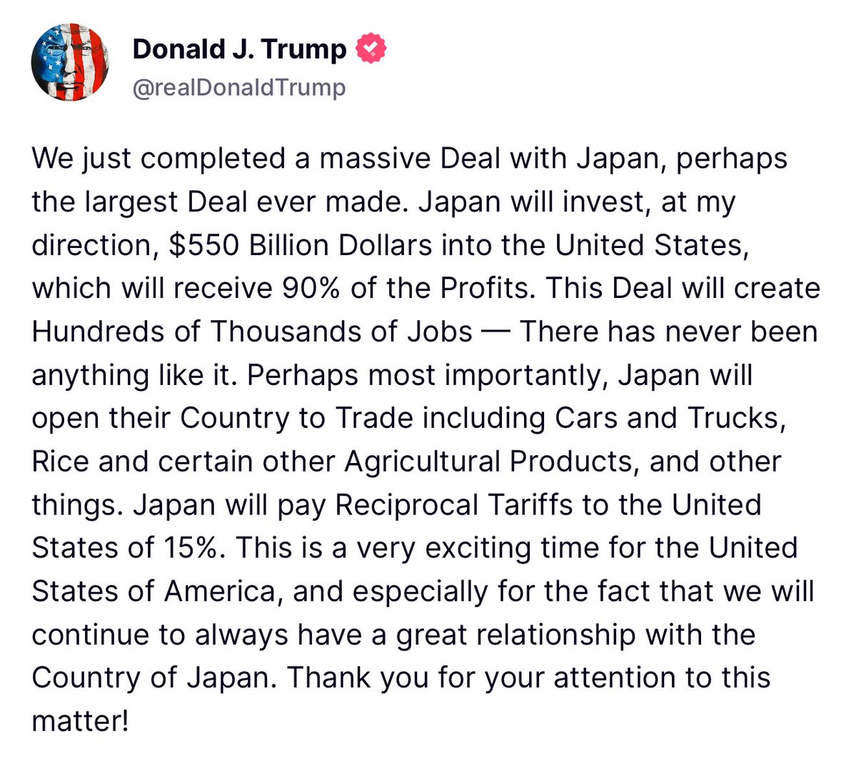 It has been an honor to work on this deal on behalf of the greatest negotiator, President Trump. $550 BILLION DOLLARS to reshore our key industries. 

The winning isn’t over. This is just the beginning.