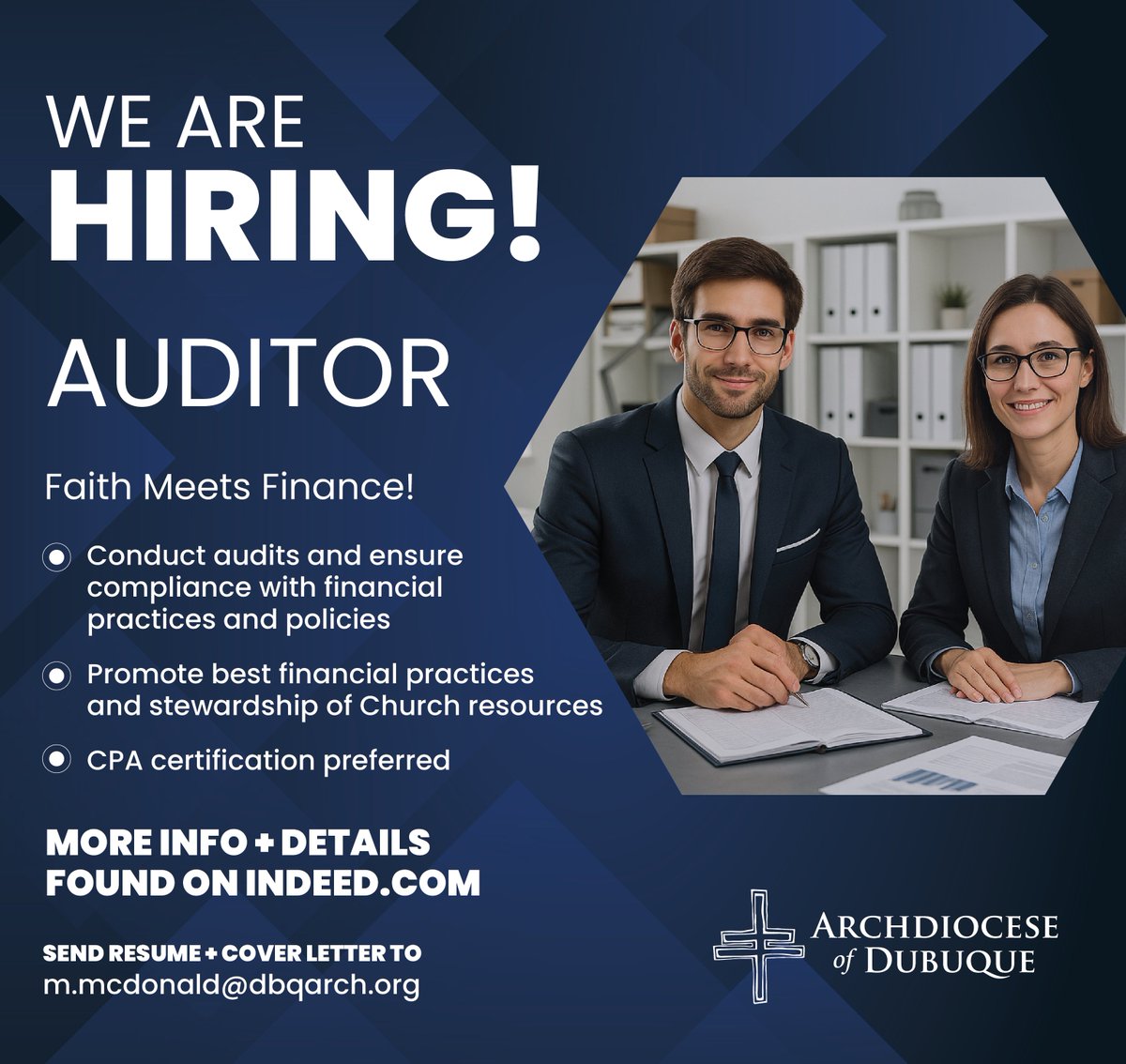 The Archdiocese of Dubuque is hiring a full-time Auditor. If you have a background in Accounting or Finance, along with a passion for supporting Church stewardship, we want to hear from you!