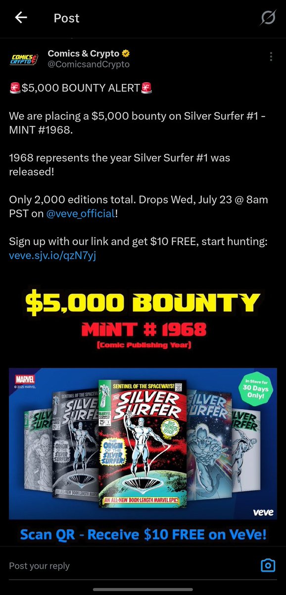 VeVe_Vibes's tweet image. A lot is happening in the physical and digital collecting world this week!
- 'New Unique Set Challenge' started today on @veve_official with leaderboards
- Silver Surfer #1 dropping Wednesday & $5000 bounty by @ComicsandCrypto for #1968
- VeVe partnered with Bad Idea, Marvel, &…