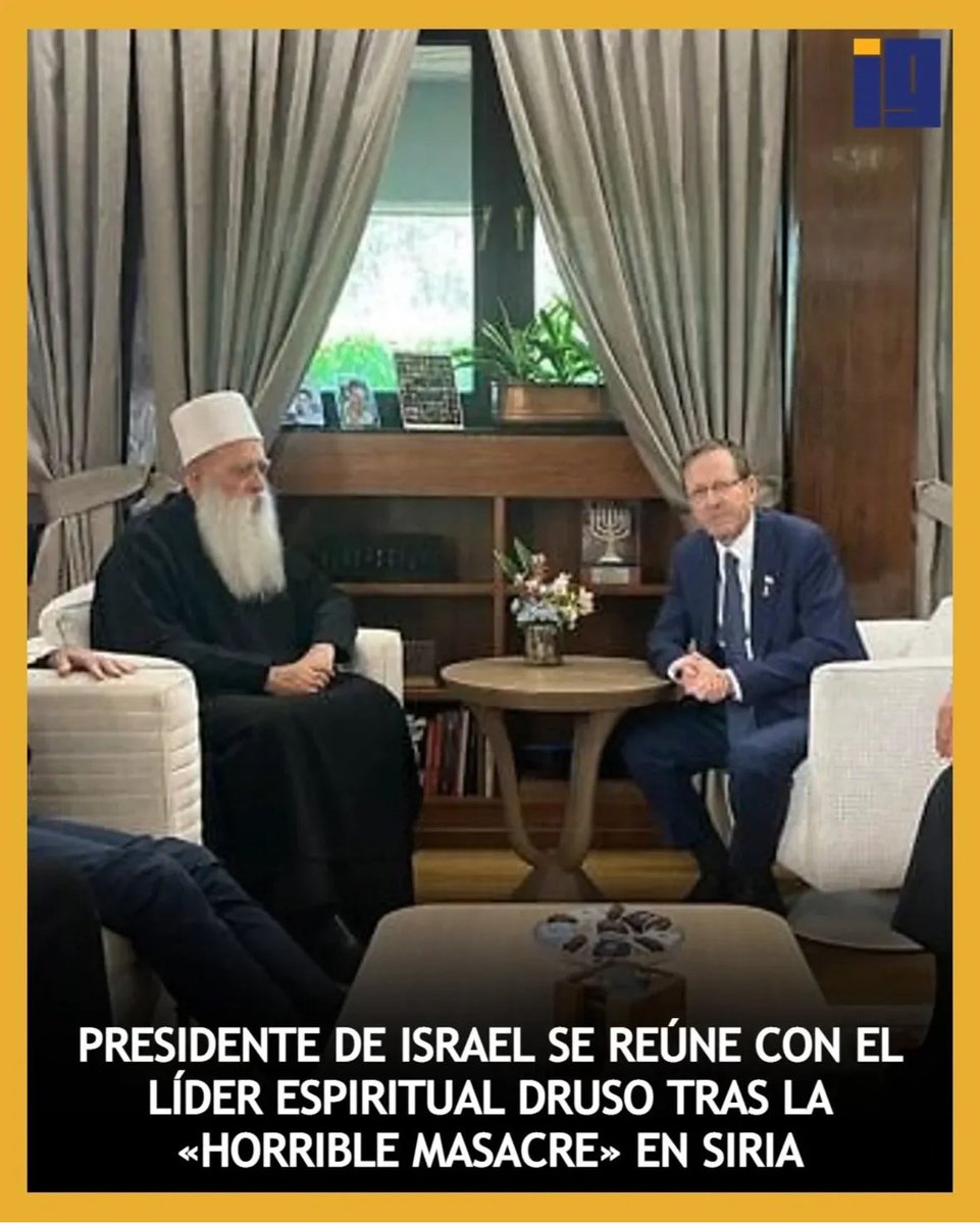 Itongadol's tweet image. El presidente de Israel, Isaac Herzog, se reunió con el jeque Muwaffaq Tarif, líder espiritual de la comunidad drusa, tras la «horrible masacre y los viles ataques» en la provincia siria de Sweida de los últimos días.
#siria #israel #drusos @isaacherzog