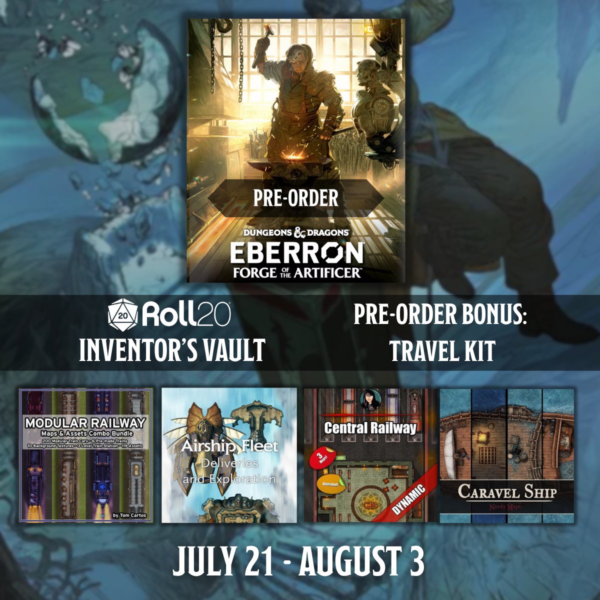 roll20app's tweet image. Get our BIGGEST Roll20 bonus yet with your Eberron: Forge of the Artificer pre-order!
For just $19.99, you’ll instantly unlock 37 ship, train, and airship maps, 6 animated railway maps, 36 modular train cars, 119 assets, & 34 textures.
Limited time only! hubs.li/Q03ygTlX0