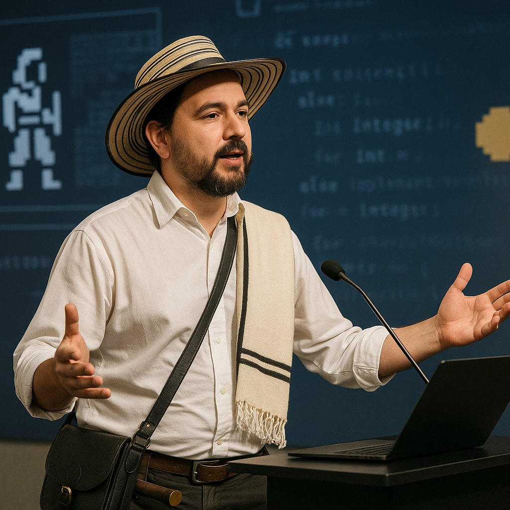 slashie_'s tweet image. This is how ChatGPT imagines Santiago Zapata, the roguelike developer from Medellín, Colombia.