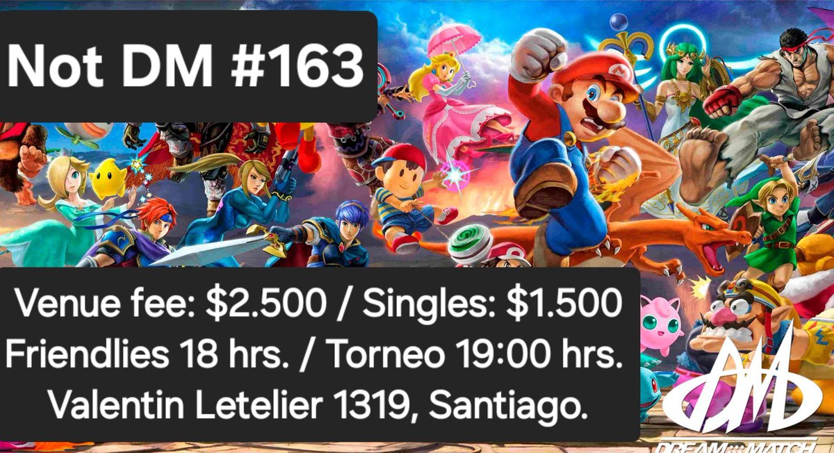Este miércoles se viene el clásico torneo de Smash Ultimate en version Not DM#163. Listo el link de inscripciones en los comentarios!
- Venue desde las 18 horas.
- Inicio de torneo 19 horas.

Los esperamos! 🙂