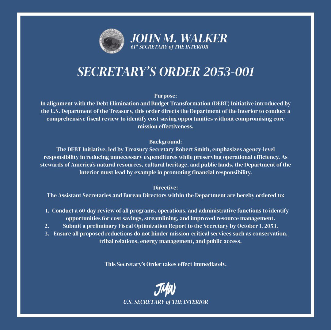 JohnWalkerUSGS's tweet image. Proud to support Treasury Sec. Robert Smith’s DEBT Initiative. As Interior Secretary, I’ve ordered a full fiscal review to cut waste, boost efficiency, and protect what matters; our land, heritage, and future.

(@USGSGovSim)