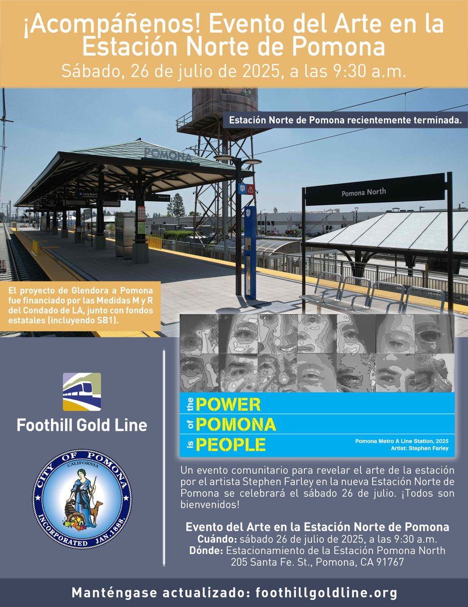 Foothill Gold Line (@iwillride) on Twitter photo JOIN US THIS SATURDAY! 🖼️ Community event to unveil the station art by artist Stephen Farley at the new Pomona North Station. All are welcome!
NOTE: <a href="/metrolosangeles/">Metro Los Angeles</a> will announce soon the start date of passenger service, anticipated for later this summer. JOIN US THIS SATURDAY! 🖼️ Community event to unveil the station art by artist Stephen Farley at the new Pomona North Station. All are welcome!
NOTE: <a href="/metrolosangeles/">Metro Los Angeles</a> will announce soon the start date of passenger service, anticipated for later this summer.