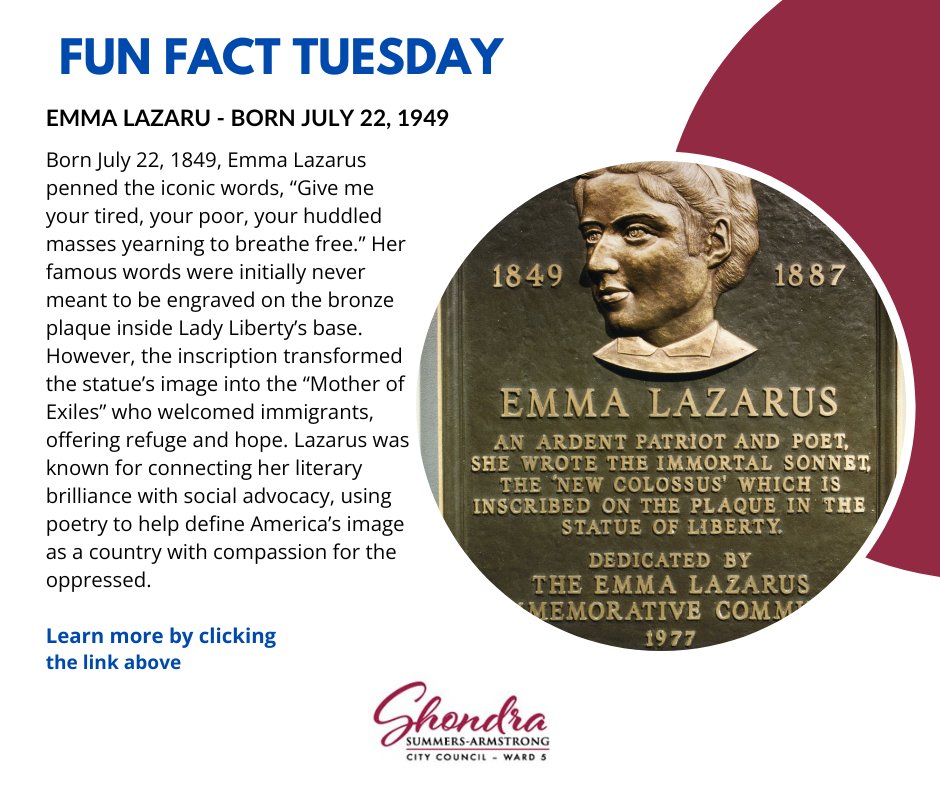 “Give me your tired, your poor…” Do you know the woman behind these famous words on the Statue of Liberty? Meet Emma Lazarus 👇 mailchi.mp/shondraarmstro…