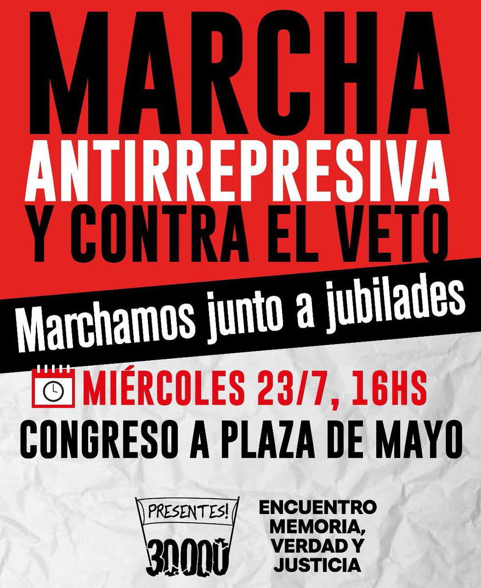 CORREPI's tweet image. MARCHA ANTIRREPRESIVA Y CONTRA EL VETO
Miércoles 23/7 marchamos junto a lxs jubiladxs de Congreso a Plaza de Mayo.
15:00 Radio abierta
16:00 Marcha