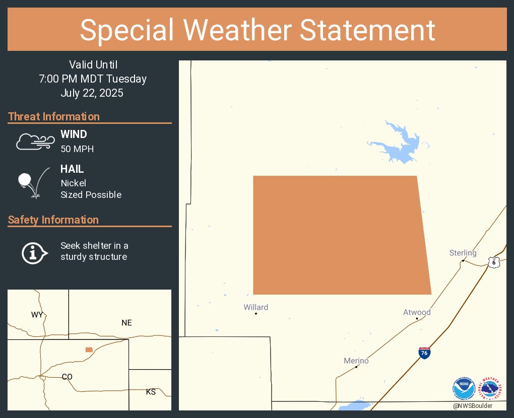 NWSBoulder's tweet image. A special weather statement has been issued for Logan County, CO until 7:00 PM MDT #COwx