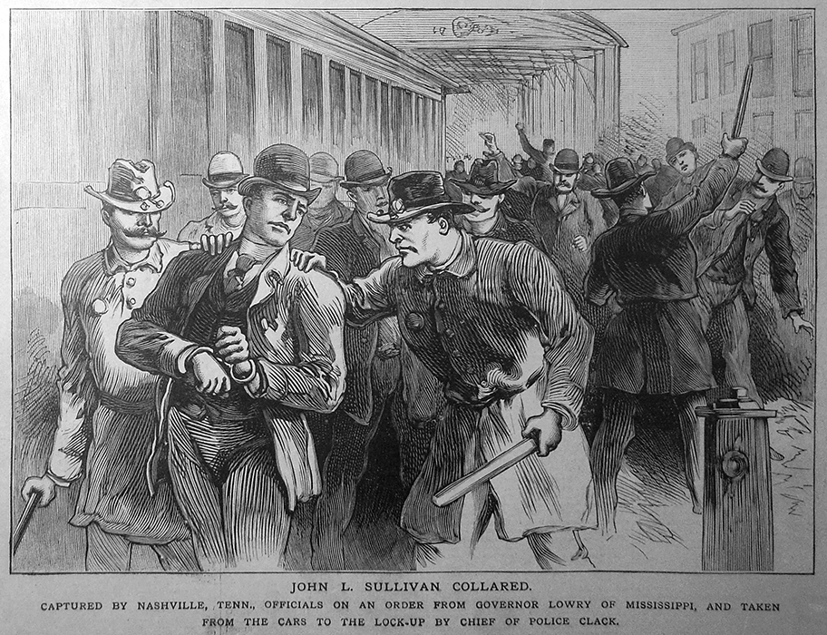 #OTD in <a href="/PoliceGazette/">Police Gazette</a> 1889: Continuing coverage of the Police Gazette World Heavyweight Championship. Page 1 shows the side bet between John L Sullivan and Jake Kilrain. Other illustration depicts Sullivan's arrest (prize fighting was still illegal at this time).
