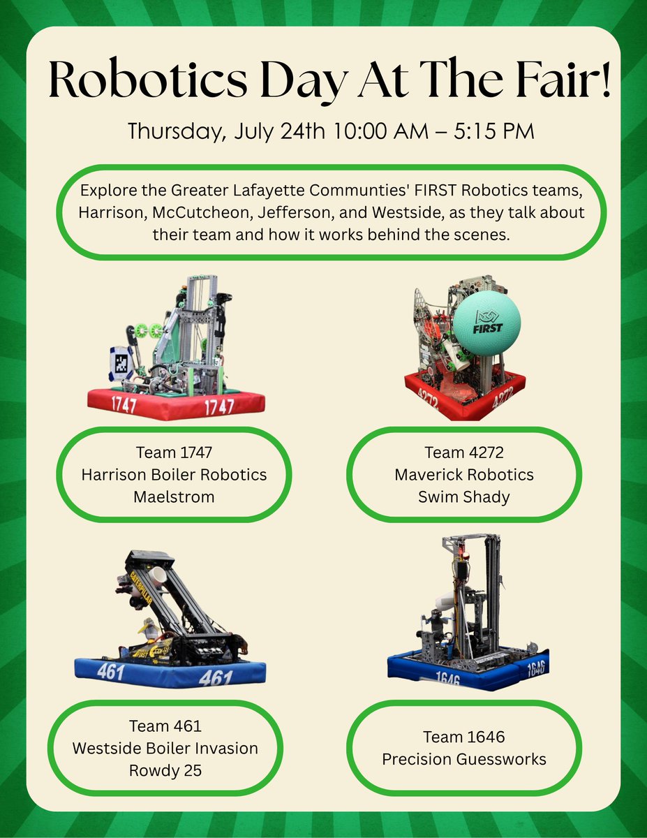 1747robotics's tweet image. This Thursday, Harrison Boiler Robotics and the other Tippecanoe robotics teams are going to be at the Tippecanoe County Fair to talk about FIRST, our teams, and our robots from the past 2025 season! 🐼💚