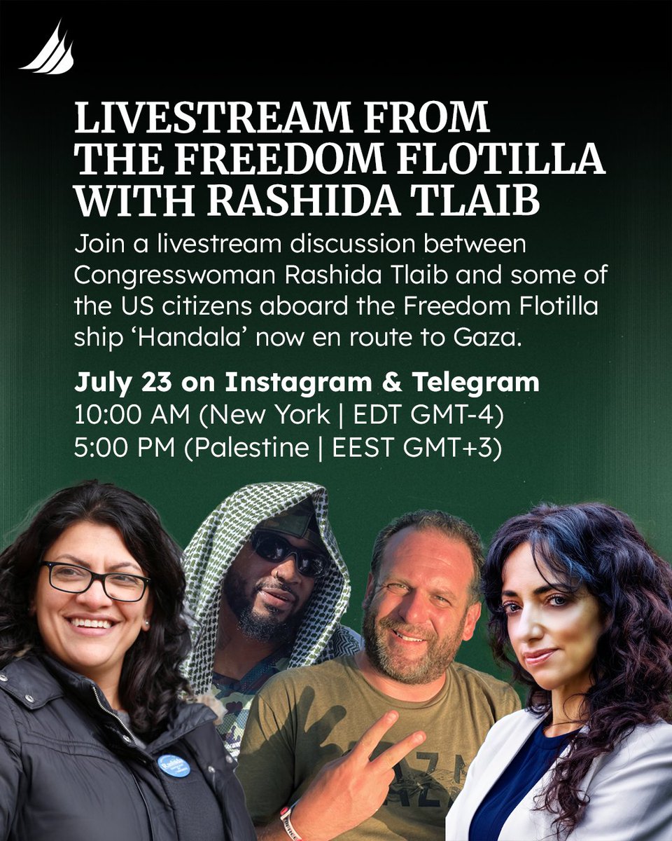 GFFAusGroup's tweet image. Congresswoman Rashida Tlaib in conversation with US citizens aboard ‘Handala’ sailing to break Israel’s illegal siege on Gaza. They will discuss the moral responsibility of ordinary people when governments fail. #alleyesondeck #forthechildrenofgaza #breakthesiege #endtheblockade