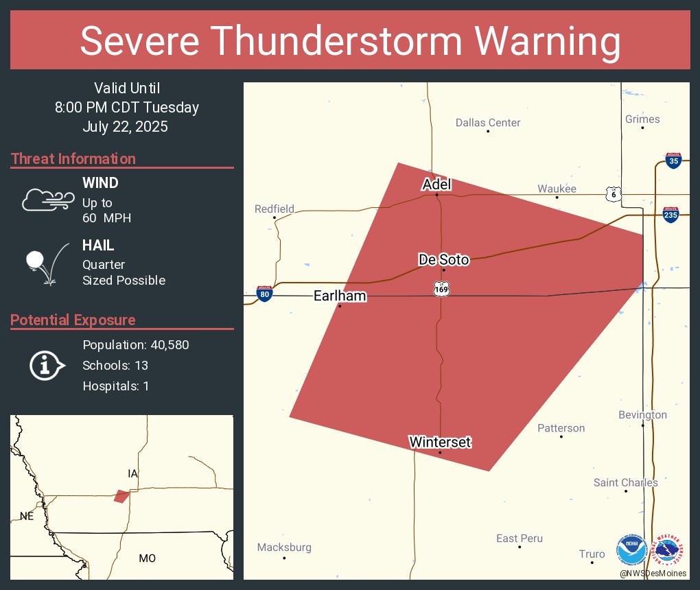 NWSDesMoines's tweet image. Severe Thunderstorm Warning including Winterset IA, Adel IA and Earlham IA until 8:00 PM CDT