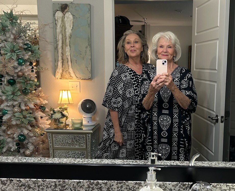 When visiting your mother in Austin you wear matching moo moo’s (and yes there’s a Christmas tree in the bathroom, who doesn’t have one of those?) #SkyhawkSummer #SkyhawkPride