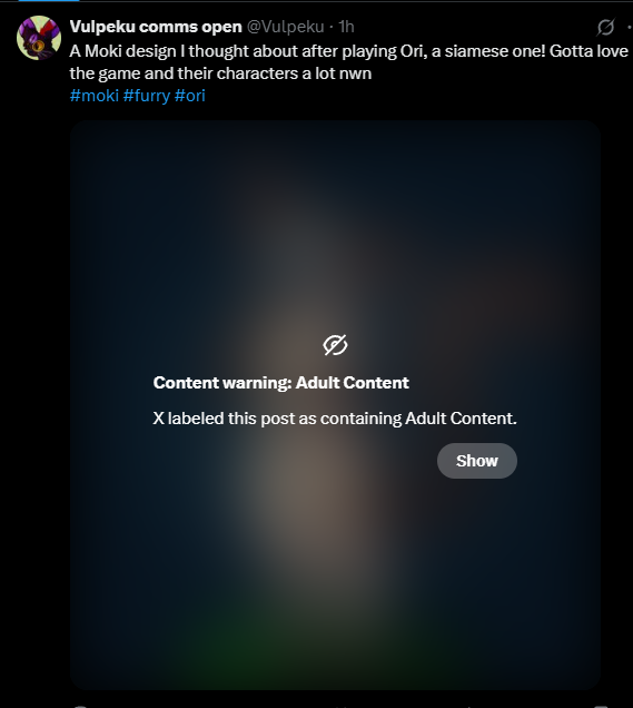 Vulpeku's tweet image. Yeah Twitter, I guess a cat like creature is adult content, I swear some of my art is getting flagged like this or hidden without justification