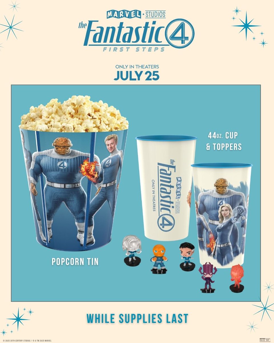 Flame on and fill up! #TheFantasticFour popcorn buckets and cups have landed! 🔥🍿 Secure yours, starting with our first shows on Thursday (while supplies last).

🎟️:galaxytheatres.com/movie/THE-FANT…

#GalaxyGoodies