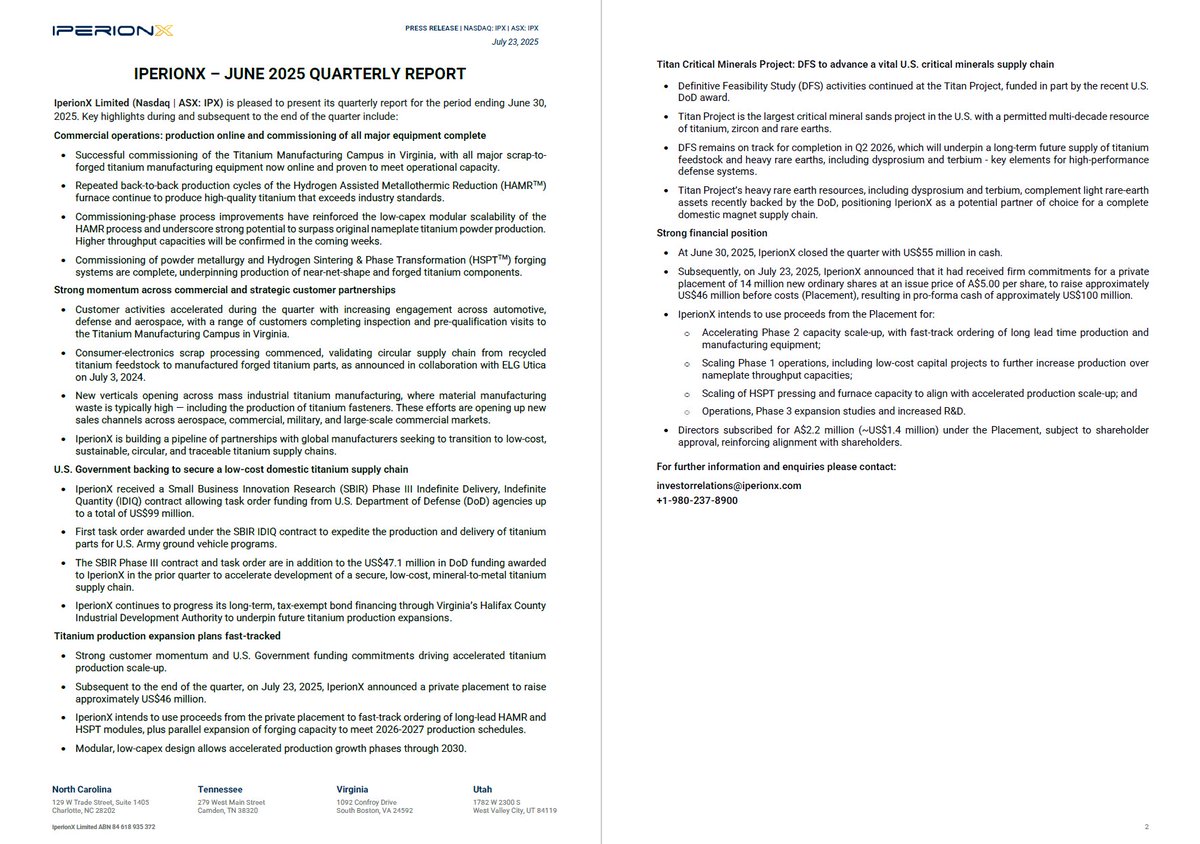 IperionX is pleased to report its June 2025 quarterly report, detailing successful commissioning of commercial operations at its Titanium Manufacturing Campus in Virginia, strong momentum across commercial and strategic customer partnerships, U.S. Government backing to secure a