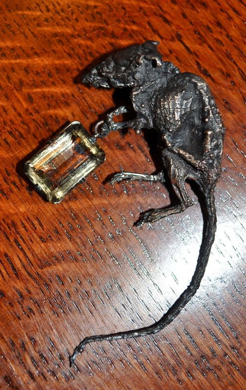 raisinchoirgirl's tweet image. bronze & sterling "mouse that i found in the bottom of my closet after having not cleaned it for months" brooch w tourmaline pendant, cast by todd conover