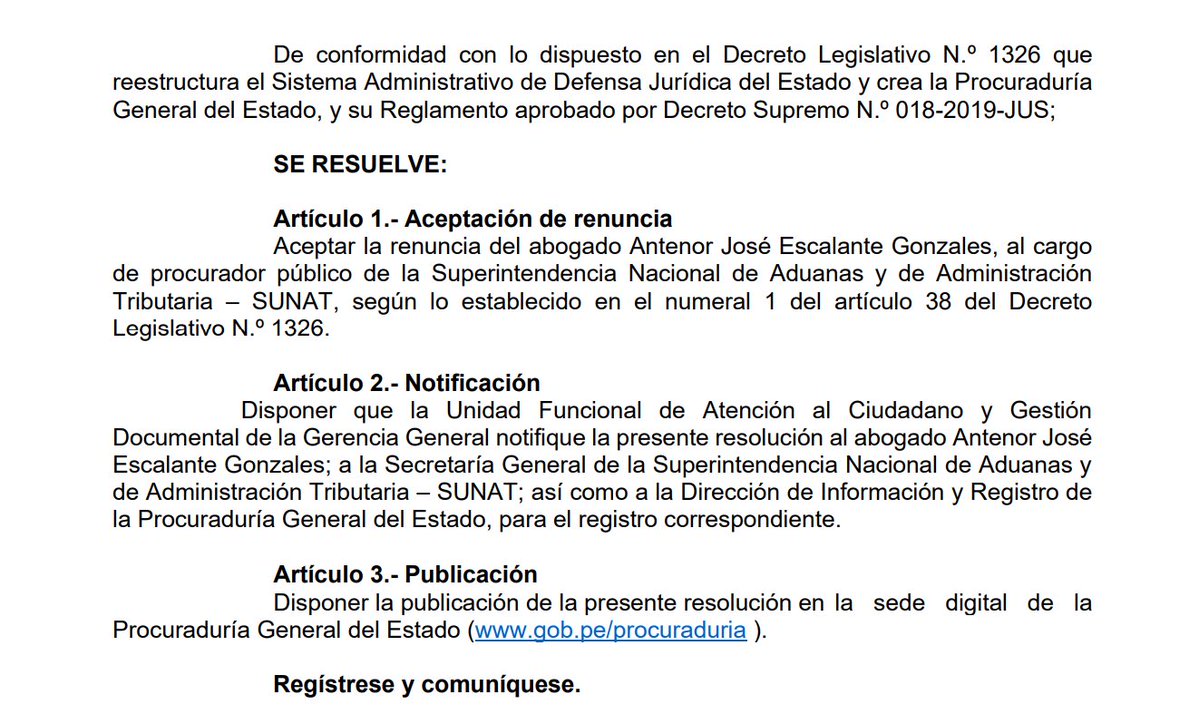 Ojo_Publico's tweet image. #LoÚltimo 🚨 La @PGE_Peru aceptó la renuncia de José Escalante Gonzales, procurador público principal de la Superintendencia Nacional de Aduanas y de Administración Tributaria (@SUNATOficial).
✍️ @Jackeline_CI