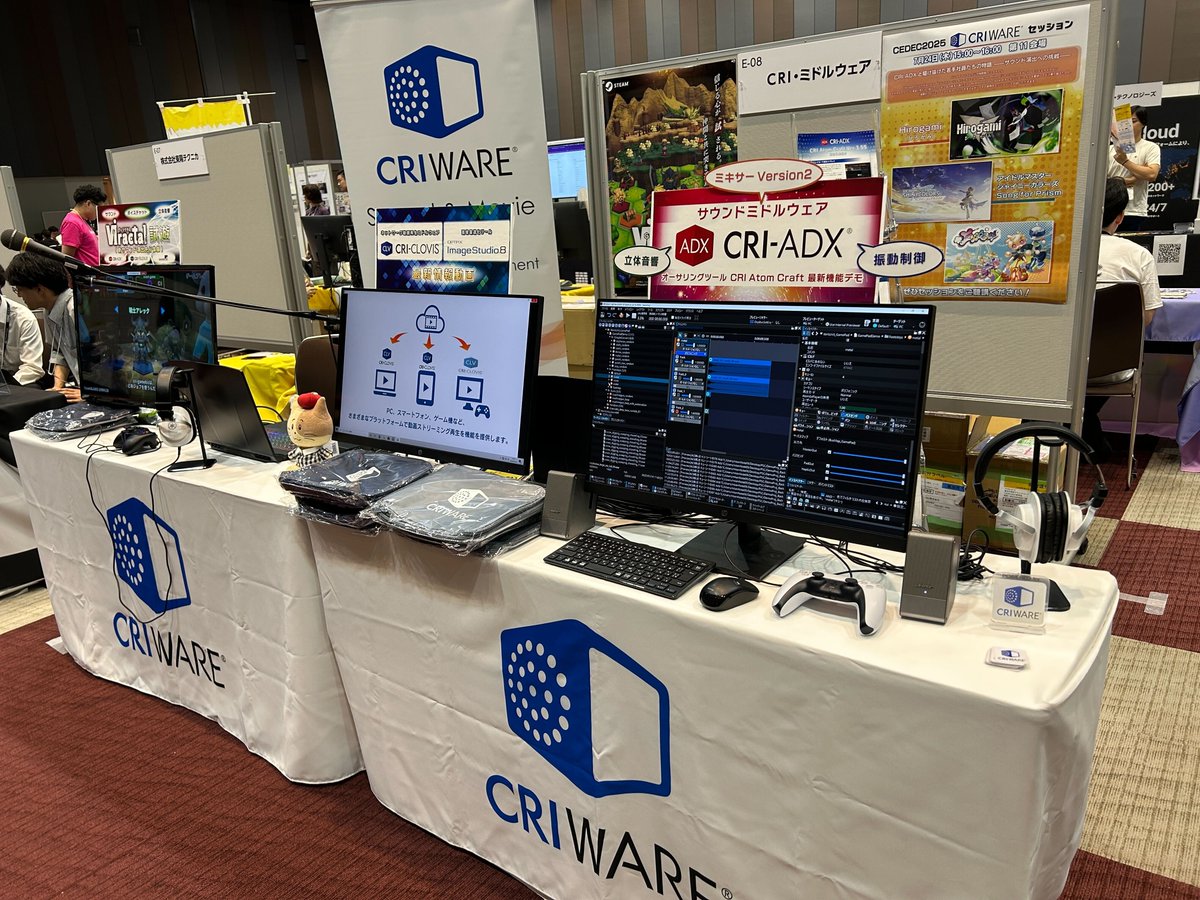 ringo_cri's tweet image. #CEDEC2025 2日目もブースE-8に出展中!🍎
ブースでは、CRIWAREの最新情報の展示は勿論、
サウンドミドルウェアCRI ADXの最新バージョンのデモを展示中でス!✨
CRI ADXのオーサリングツール「CRI Atom Craft」のミキサー Version2や、コントローラの振動デモをぜひ体験して欲しいでス!🎮