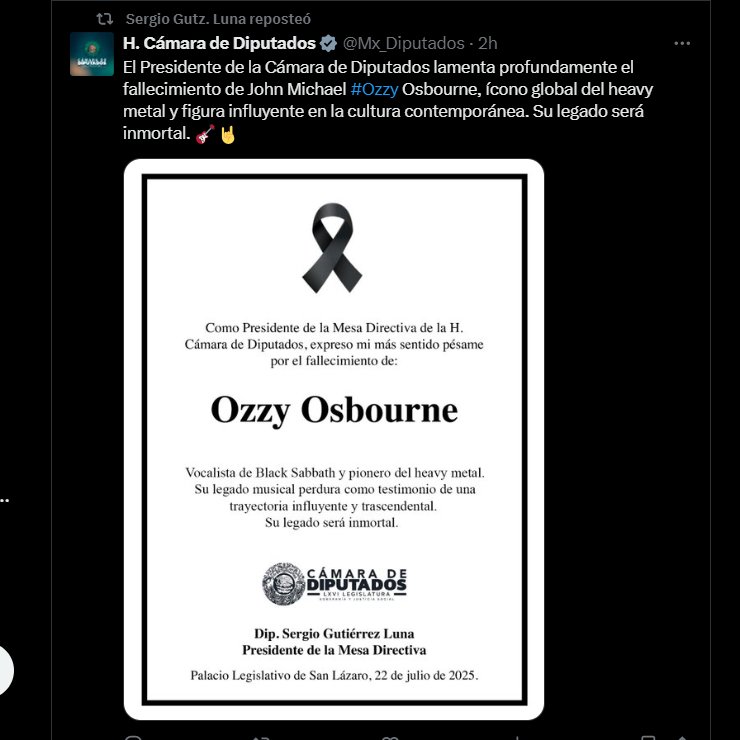 raytep's tweet image. Diputado metalero.
Sergio Gutiérrez Luna lamenta fallecimiento de Ozzy Osbourne con esquela de la Cámara de Diputados y post personal.
#OzzyOsbourne #PrinceOfDarkness