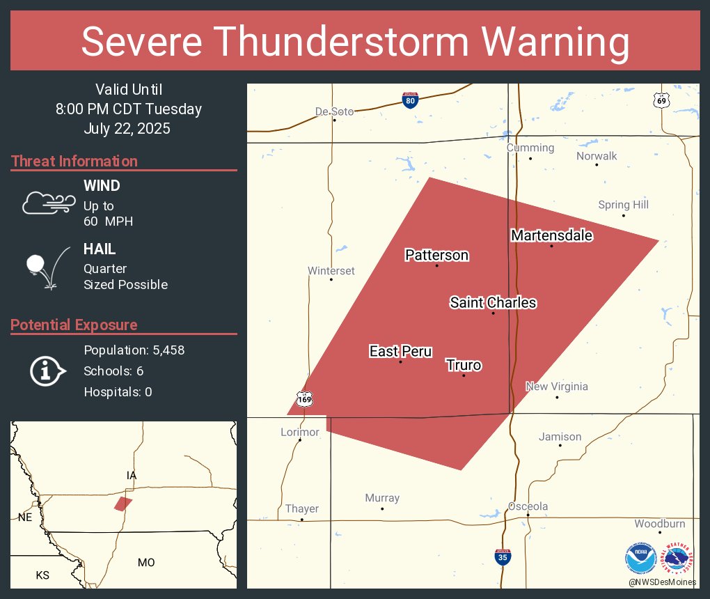 NWSDesMoines's tweet image. Severe Thunderstorm Warning including Saint Charles IA, Truro IA and Martensdale IA until 8:00 PM CDT