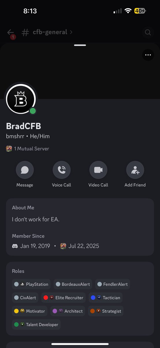 BradCFB's tweet image. I’m being impersonated yet again on Discord. This time the account has made the username a little harder to tell apart. Please do not accept or interact with the account below!! @discord_support @discord