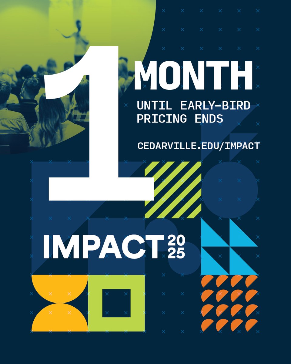 📢 One month to go!

Impact 2025 is a two-day conference for Christian leaders who want to glorify God through their work in business, ministry, and missions.

🗓 Oct 22–23 | Early-bird pricing closes Aug 22!

👉 cedarville.edu/Impact

#Impact2025 #FaithAndWork