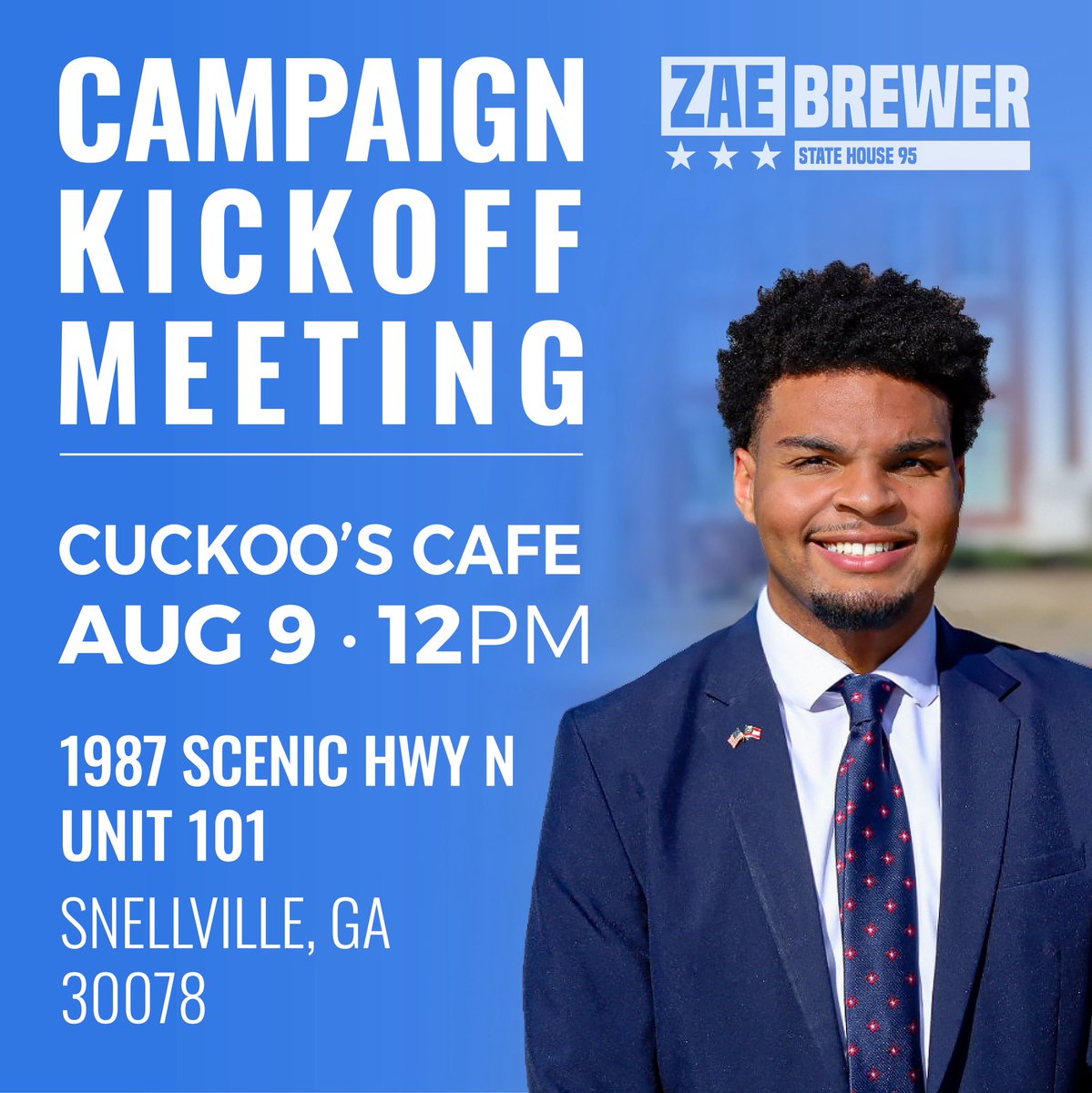 Zae Brewer (@zaebrewer) on Twitter photo We’re officially kicking off our campaign for Georgia State House District 95!
This campaign is already special, and I’m excited to run this race all the way to May. A campaign focused on service, integrity, results, and a new perspective for our district. #gapol #hd95 We’re officially kicking off our campaign for Georgia State House District 95!
This campaign is already special, and I’m excited to run this race all the way to May. A campaign focused on service, integrity, results, and a new perspective for our district. #gapol #hd95