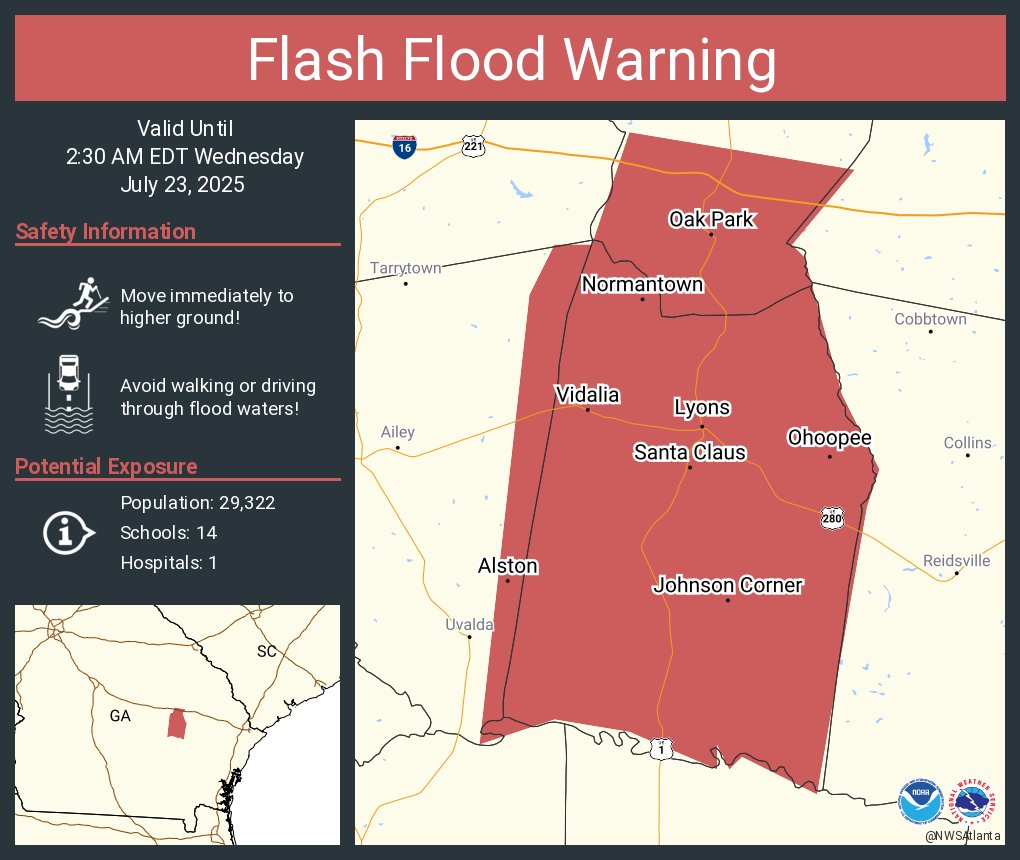 NWSAtlanta's tweet image. Flash Flood Warning including Vidalia GA, Lyons GA and Oak Park GA until 2:30 AM EDT