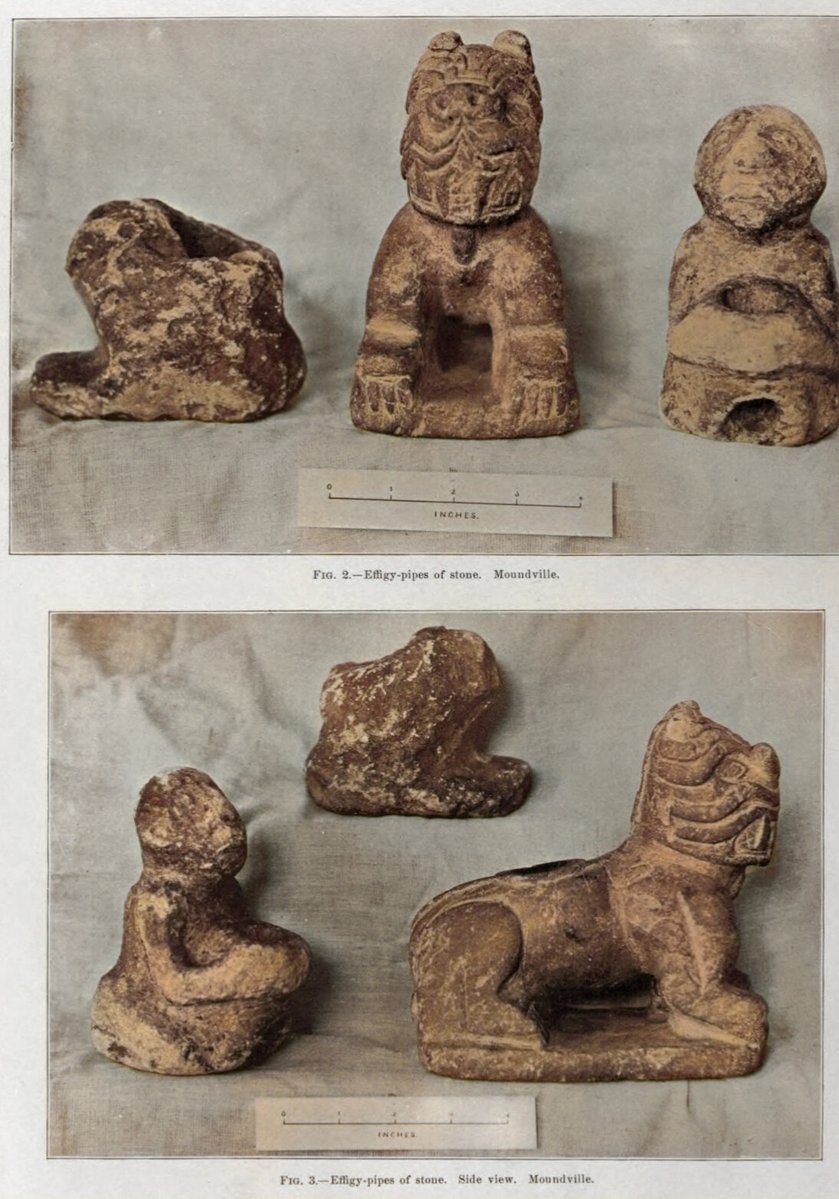 DrGregLittle2's tweet image. Stone effigy pipes excavated from mounds at the Moundville, Alabama complex by C. B. Moore in the early 1900s.