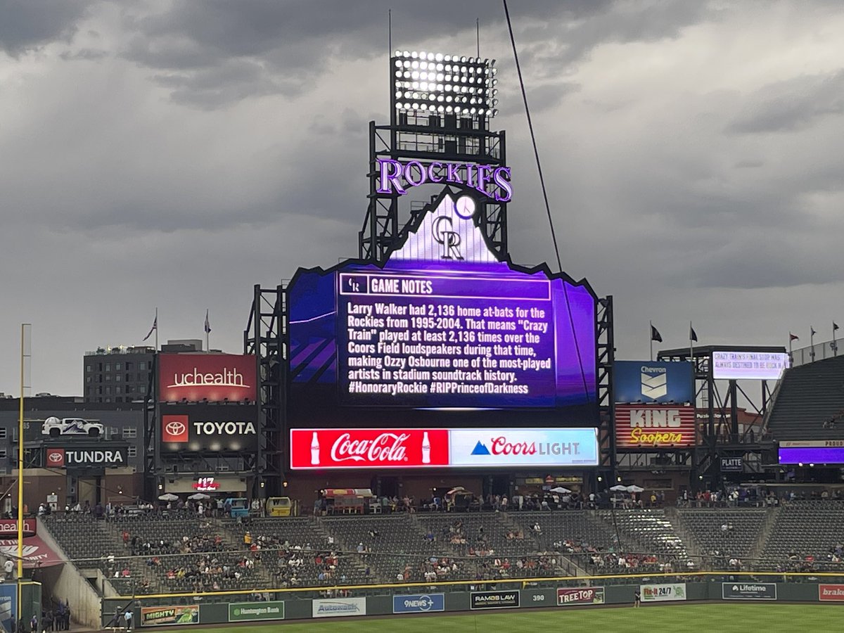 PatrickDLyons's tweet image. Coors Field acknowledges the passing of Ozzy Osbourne.
“Crazy Train,” one the most iconic songs from the Prince of Darkness, was the walk-up music used by Baseball Hall of Famer Larry Walker.