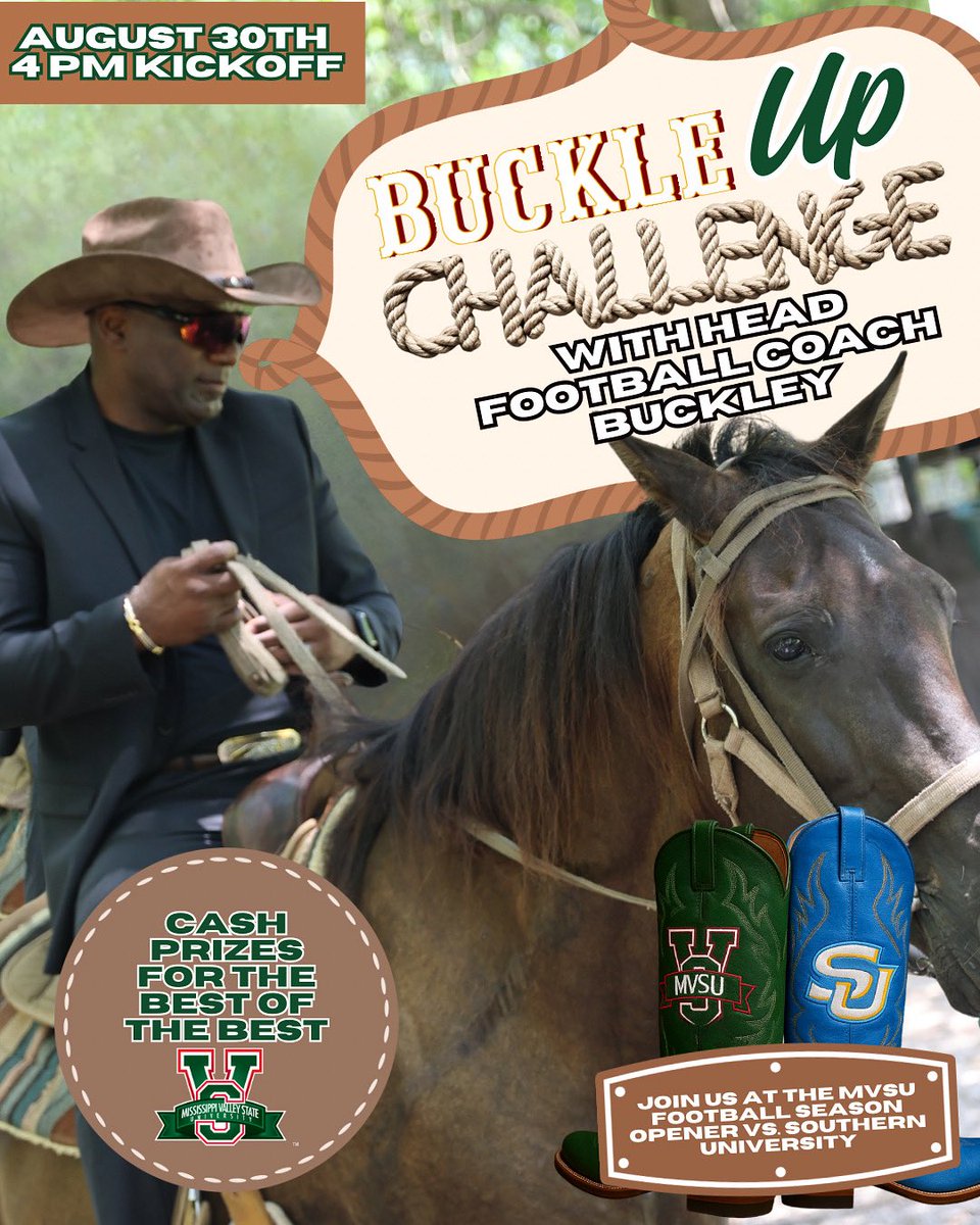 MVSUDevilSports's tweet image. 🐎💥 BUCKLE UP, V-STATE! 💥🐎
It’s going down August 30th at 4 PM! 🏈🔥
Join Coach Buckley for the Buckle Up Challenge as we kick off the season opener vs. Southern University!
💰 Cash prizes for the BEST of the BEST!
Season tickets can be purchased at: bit.ly/452eZAc