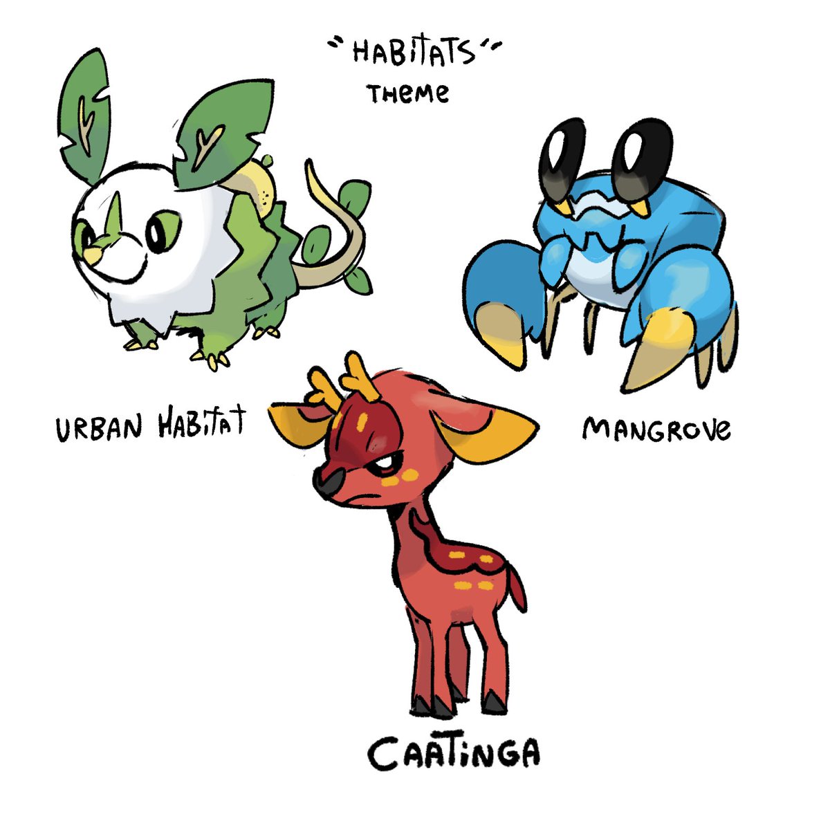 MolchiBerry's tweet image. In a fakemon mood, so i thought abt som starters for a region based on my state! (Pernambuco)
Had two ideas, couldnt pick one, so decided to draw BOTH!!! What yall think? :3