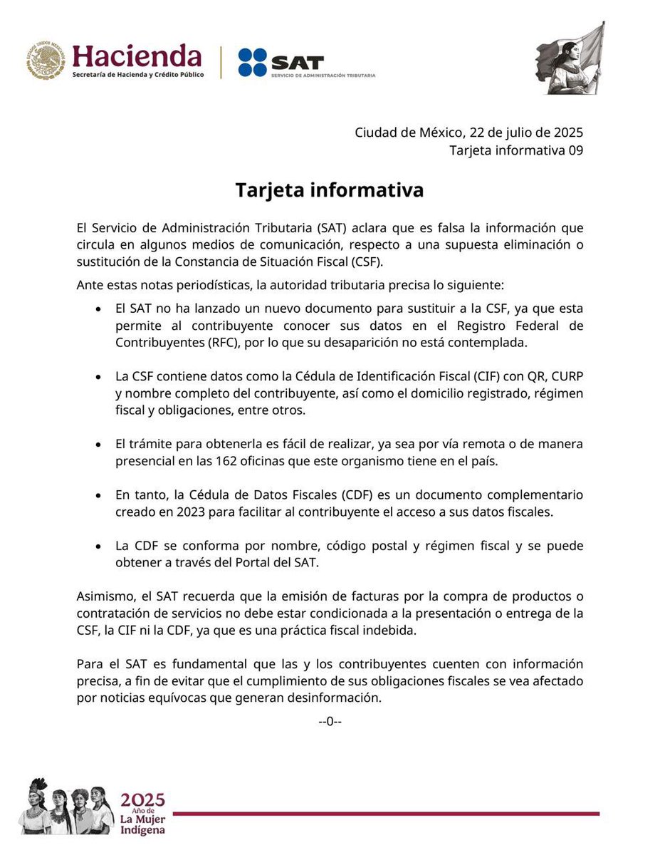 SAT aclara que es falsa la información respecto a una supuesta eliminación o sustitución de la Constancia de Situación Fiscal.