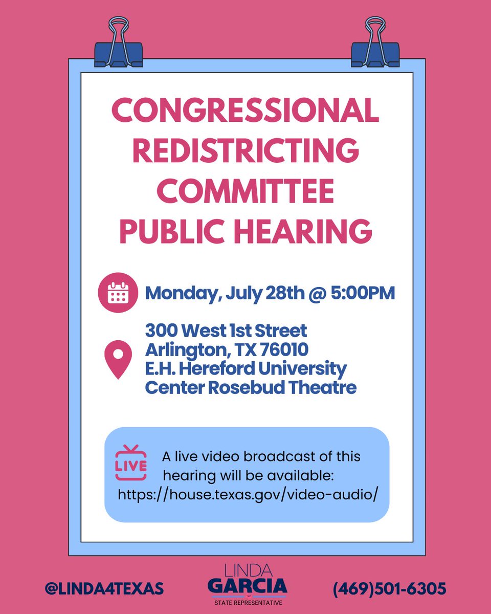 lindafortexas's tweet image. 📣 CALL TO ACTION: SHOW UP & SPEAK OUT
Texans deserve fair and transparent representation, not backroom politics.
🔗 Can’t attend? Submit a public comment online before the hearing ends:
👉 comments.house.texas.gov/home?c=c055
#txlege #HD107