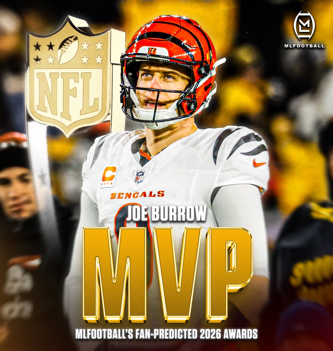MLFootball's tweet image. 🚨BREAKING: #BENGALS QB JOE BURROW HAS WON THE FAN VOTE AS THE PREDICTED WINNER OF THE 2026 #NFL MOST VALUABLE PLAYER AWARD.

Joey B. MVP.

Thousands of fans voted across all major social media platforms.