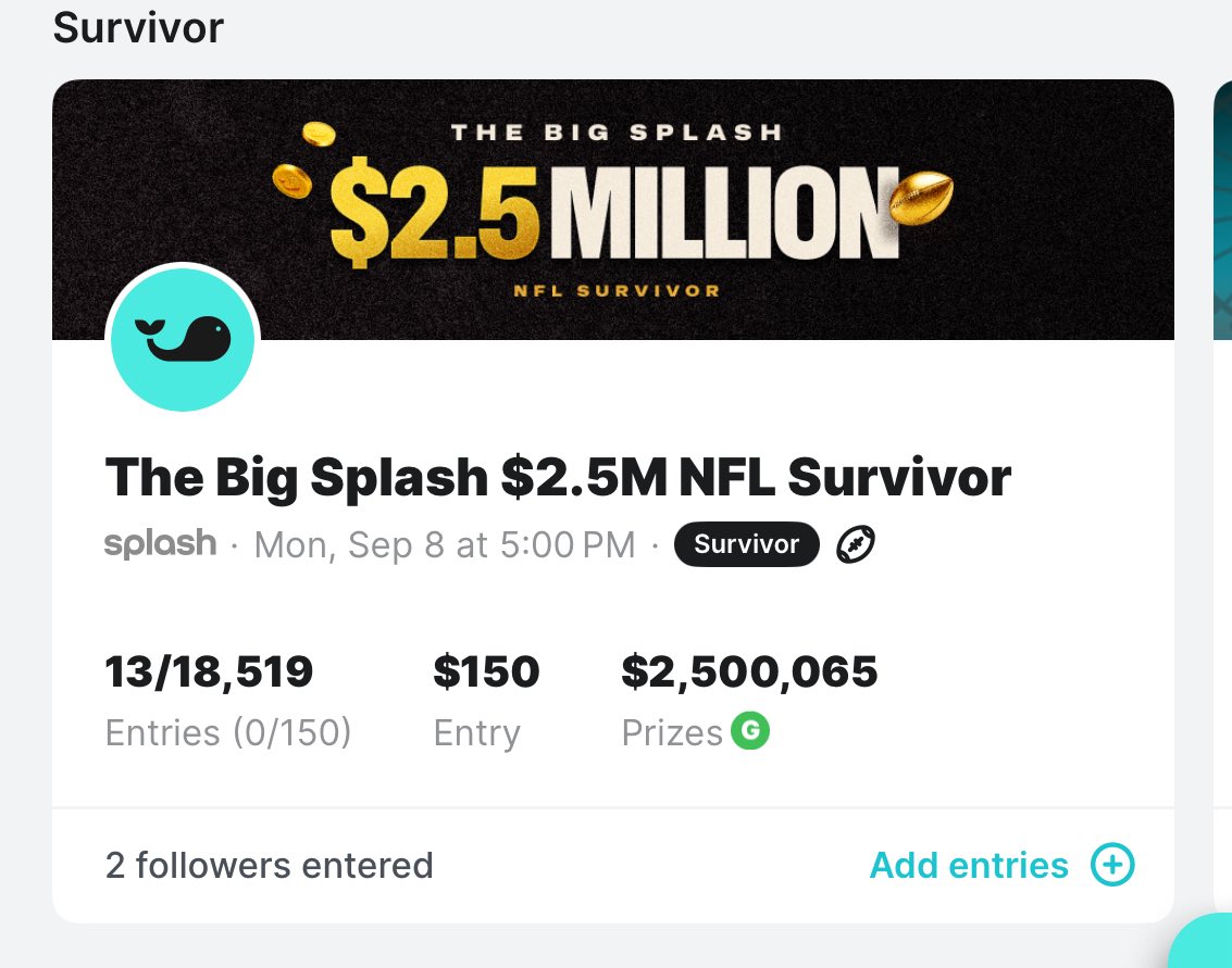 RickRunGood's tweet image. Splash has dropped their NFL Survivor and they guaranteed it for $2.5M which begs the question…
How much should I ask for in One & Done next year?! 👀