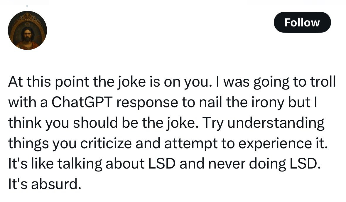 jonathanbfine's tweet image. so many layers to unpack here but maybe we should start with your comparison of artificial intelligence to a hallucinogenic drug