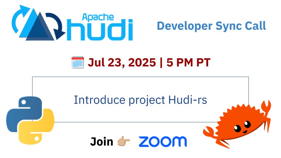 apachehudi's tweet image. Join this month's developer sync call with PMC member @_xushiyan on July 23, 5 PM PT to learn about the Rust implementation of @apachehudi with API bindings in Python and C++ !
⭐️ GitHub repo: github.com/apache/hudi-rs
👉 Joining instructions: hudi.apache.org/contribute/dev…