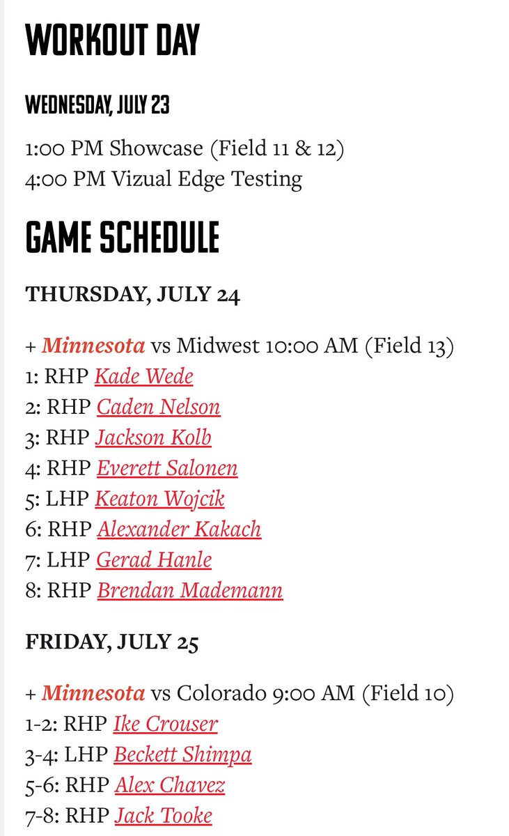 Want to say thanks to <a href="/PrepBaseballMN/">Prep Baseball Minnesota</a> for the opportunity to play against the best to the best down at Futures Games 
I will be pitching Thursday at 10am on field 13 against Midwest and Saturday at 6 against Pacific Northwest