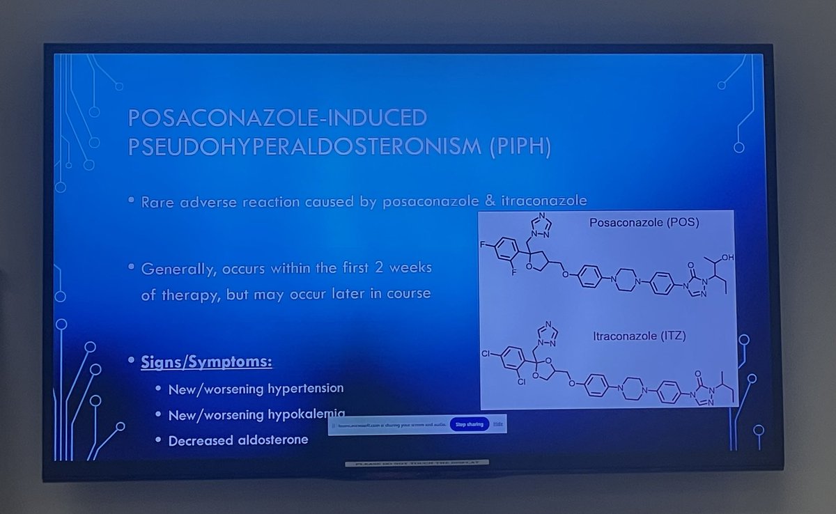 ccf_idfellows's tweet image. Our Transplant ID Pharmacist, Dr. Rust, presented some pearls on posaconazole-induced pseudohyperaldosteronism at today’s case conference!
#IDpearls #InfectiousDisease #MedEd #pharmacology