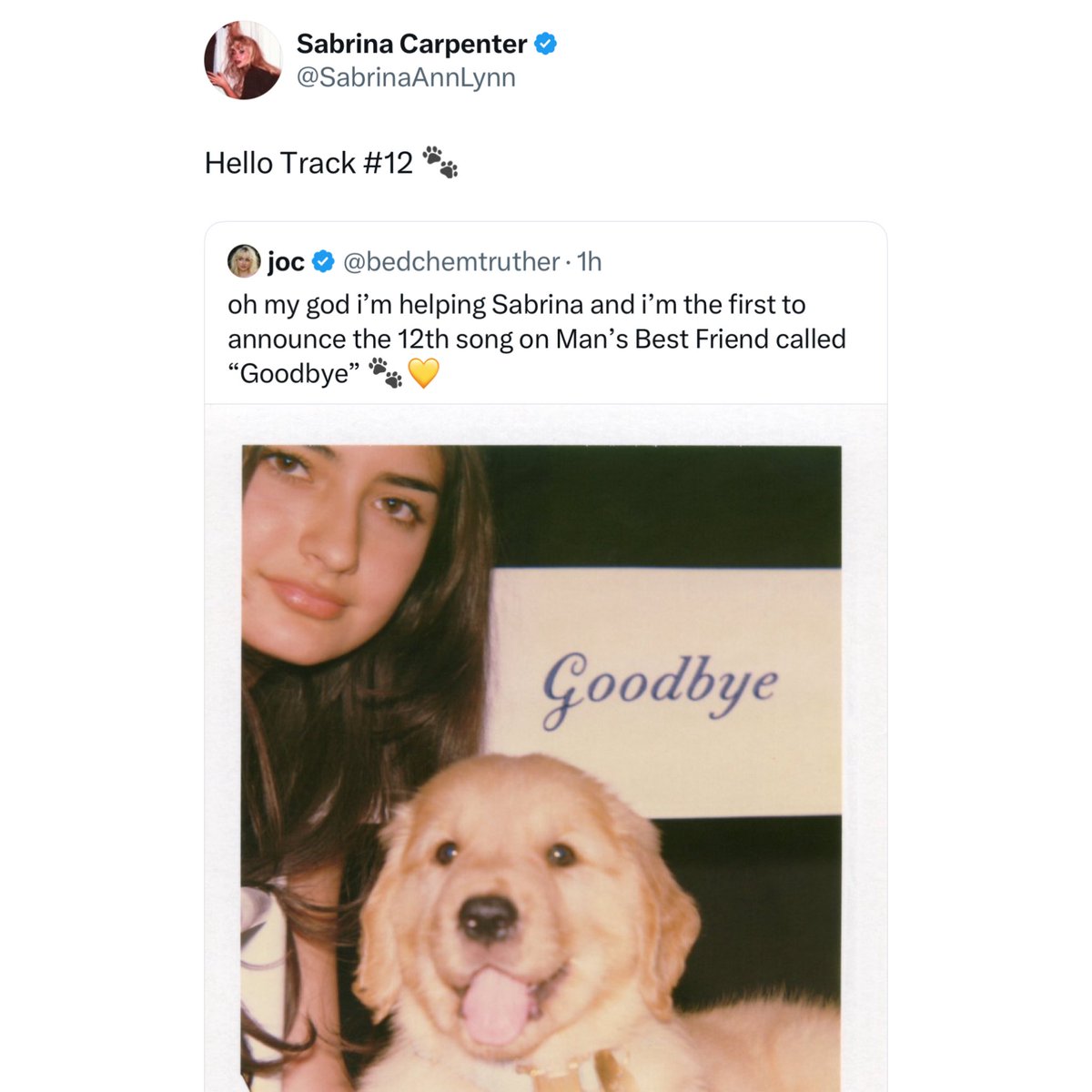 thepophive's tweet image. Sabrina Carpenter confirms track 12 on her new album Man’s Best Friend is titled ‘Goodbye’ 🐾