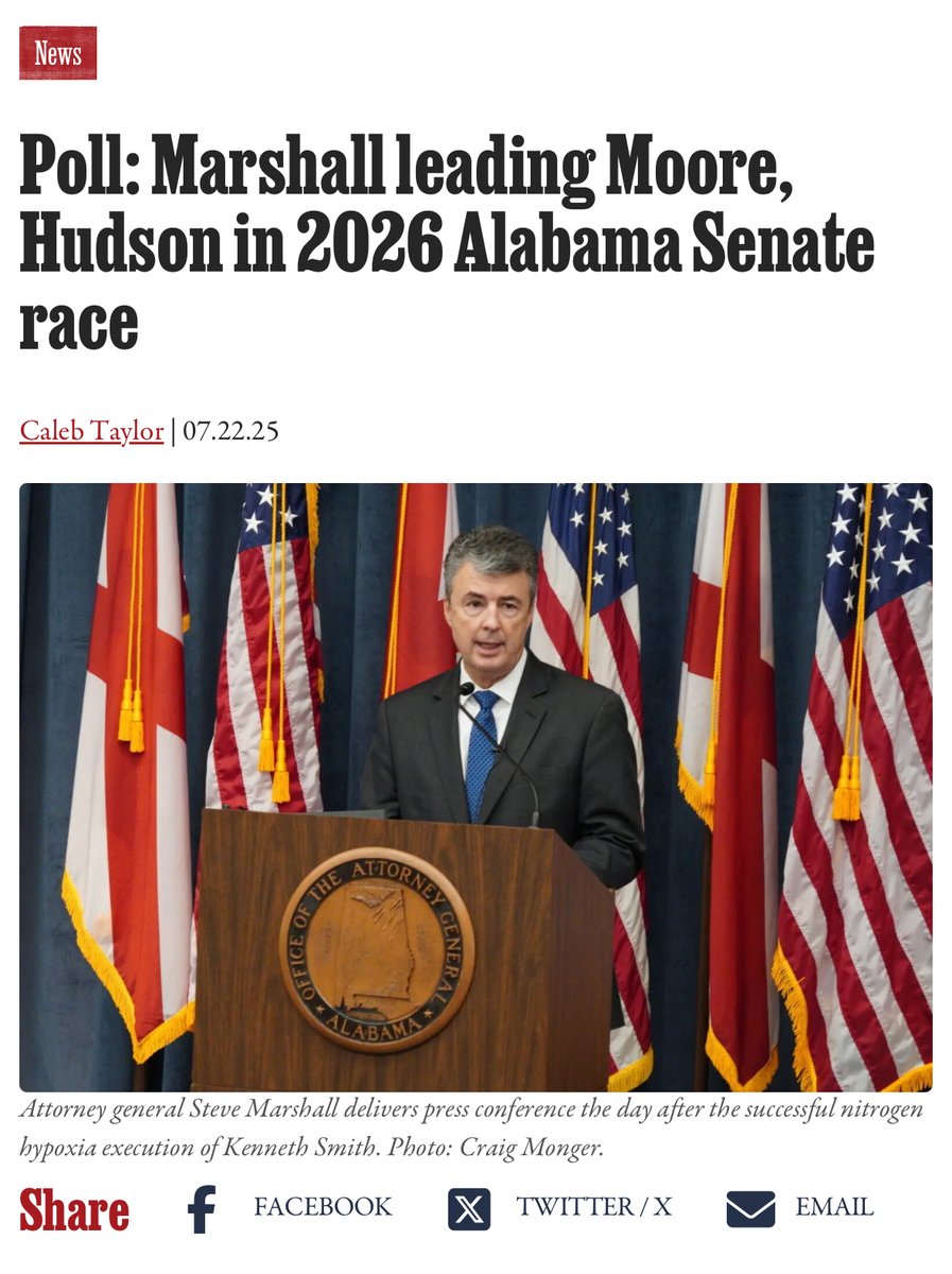 1819News's tweet image. Per an internal Marshall campaign poll by McLaughlin & Associates obtained by 1819 News, Marshall received 35% support while a likely candidate, U.S. Rep. Barry Moore (R-Enterprise), received 12% and former Navy SEAL Jared Hudson received 9%.
🔗 1819news.com/news/item/poll…